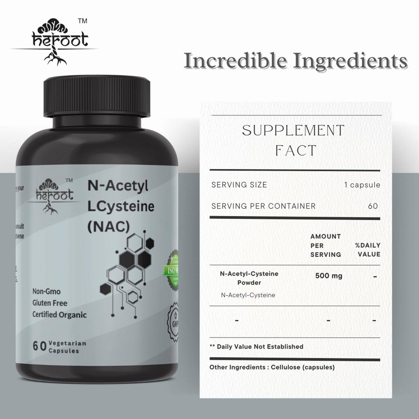 Heroot N-Acetyl L-Cysteine (NAC) 500mg Capsule, 60 Count