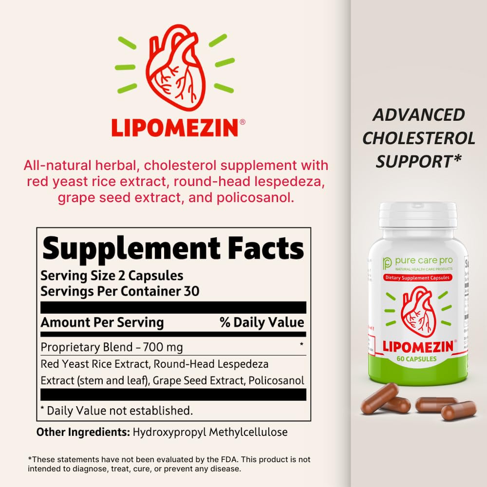 LIPOMEZIN Pure Care Pro Synergistic Cholesterol Support Blend: Red Yeast Rice, Policosanol, Grape Seed & Lespedeza, 60 Vegetarian Capsules