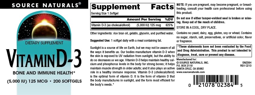 Source Naturals Vitamin D-3 1000 IU Softgels, 200