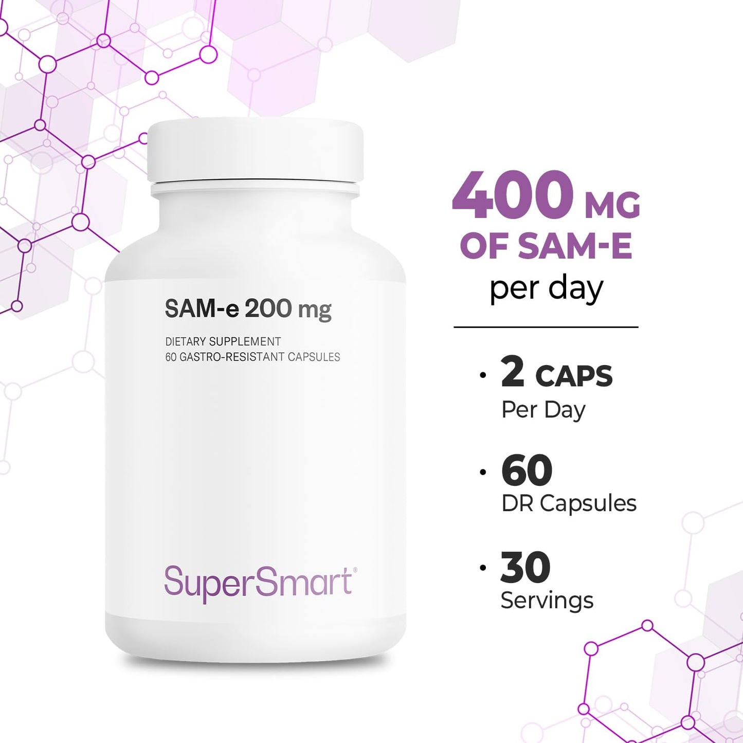 Supersmart SAM-e 200mg (80% Active Isomer S,S) - Advanced S-Adenosyl Methionine SAM-e Supplement Capsule, 60 Capsules