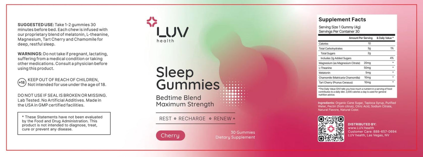 LUV health Sleep Gummies Natural Sleep Aid with Magnesium, L-Theanine, Melatonin, Chamomile & Tart Cherry, Vegan, Non-GMO, Gluten-Free, 30 Count