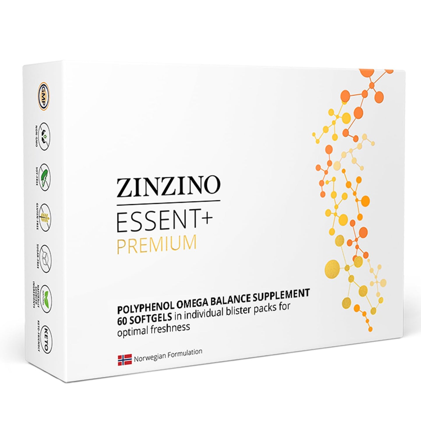 ZINZINO Essent+ Premium, Advanced Polyphenol Omega Balance with Fish Oil, Glycerin, Cold-Pressed Extra Virgin Olive Oil, Vitamin D, 60 Softgels