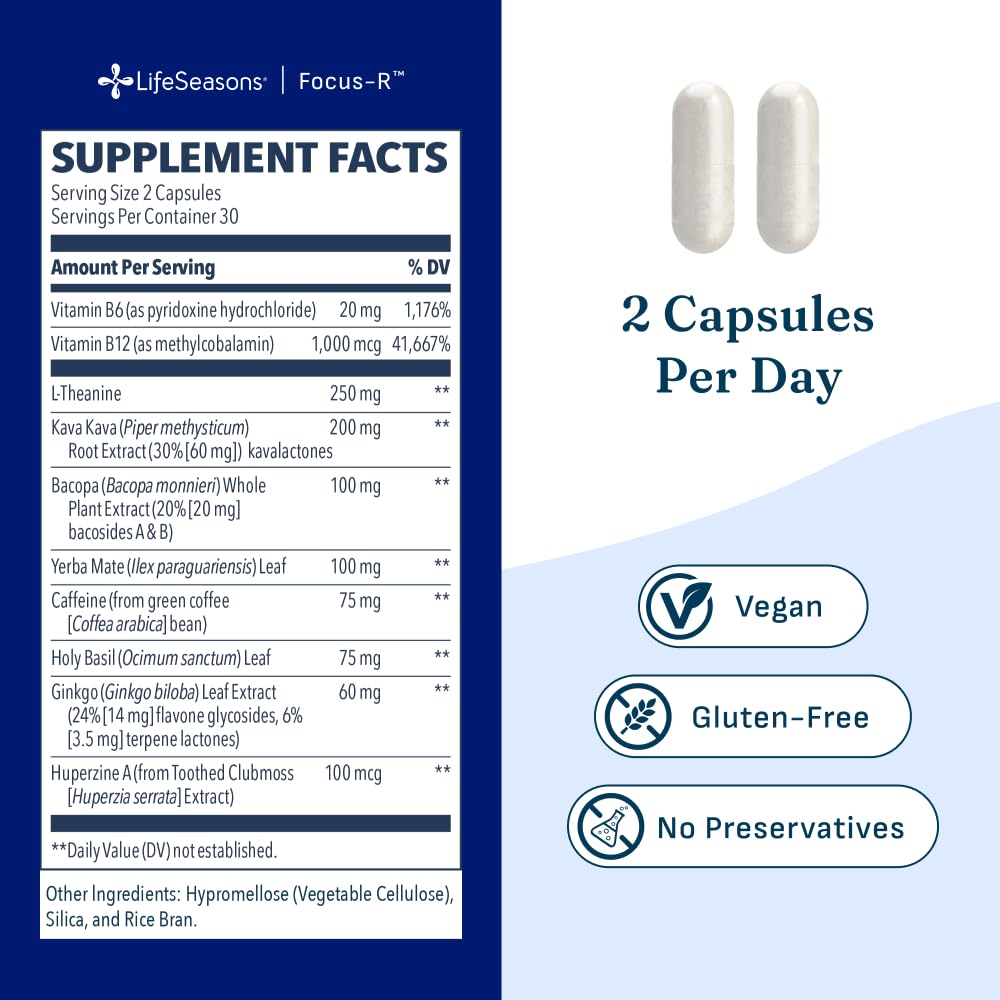 LifeSeasons Focus-R Concentration Support – Memory, Focus & Mental Clarity Supplement with Bacopa, Rhodiola, L-Tyrosine & B Vitamins – Cognitive Performance & Brain Energy, 60 Veg Capsules