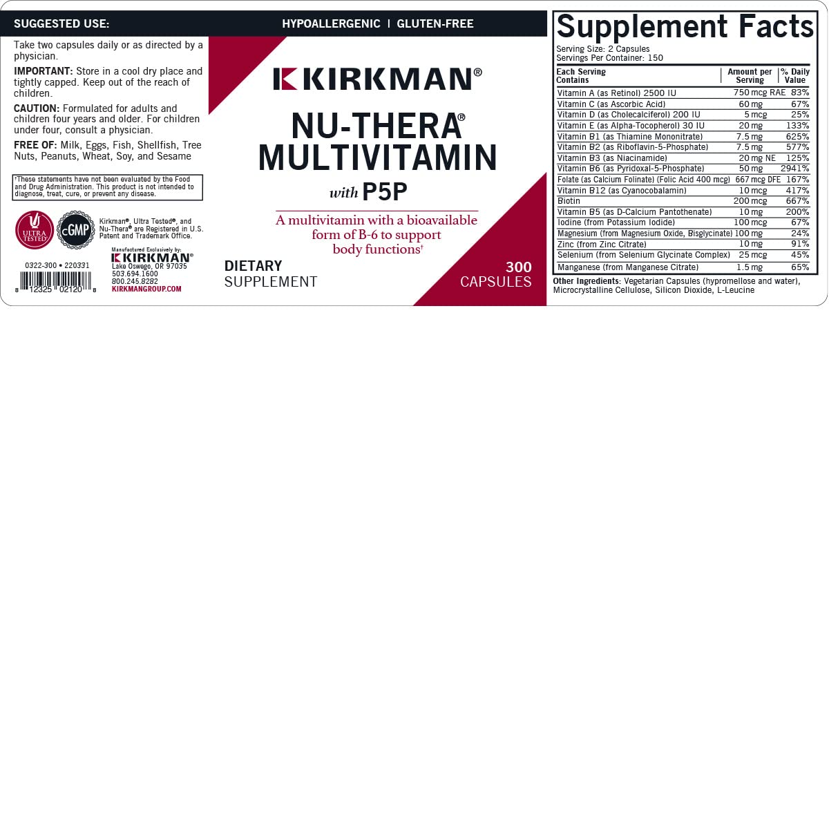 Kirkman Nu-Thera with P-5-P Hypoallergenic Capsules, 300 Count
