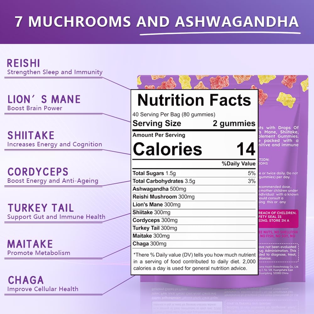 TWOHHACC Mushroom Supplement Gummies with Ashwagandha and Lions Mane, Maitake, Turkey Tail, Reishi, Chaga, Shiitake, Cordyceps Nootropic Brain Supplement for Focus, Memory, Immune Support and Stress Relief, 80 Count