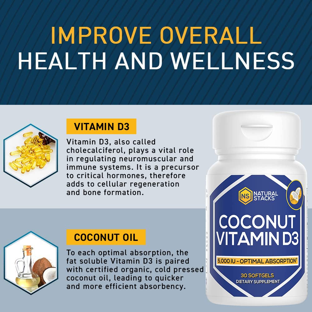 Natural Stacks Vitamin D3 5000 IU With Coconut Oil For Absorption, Capsule, 30 Count