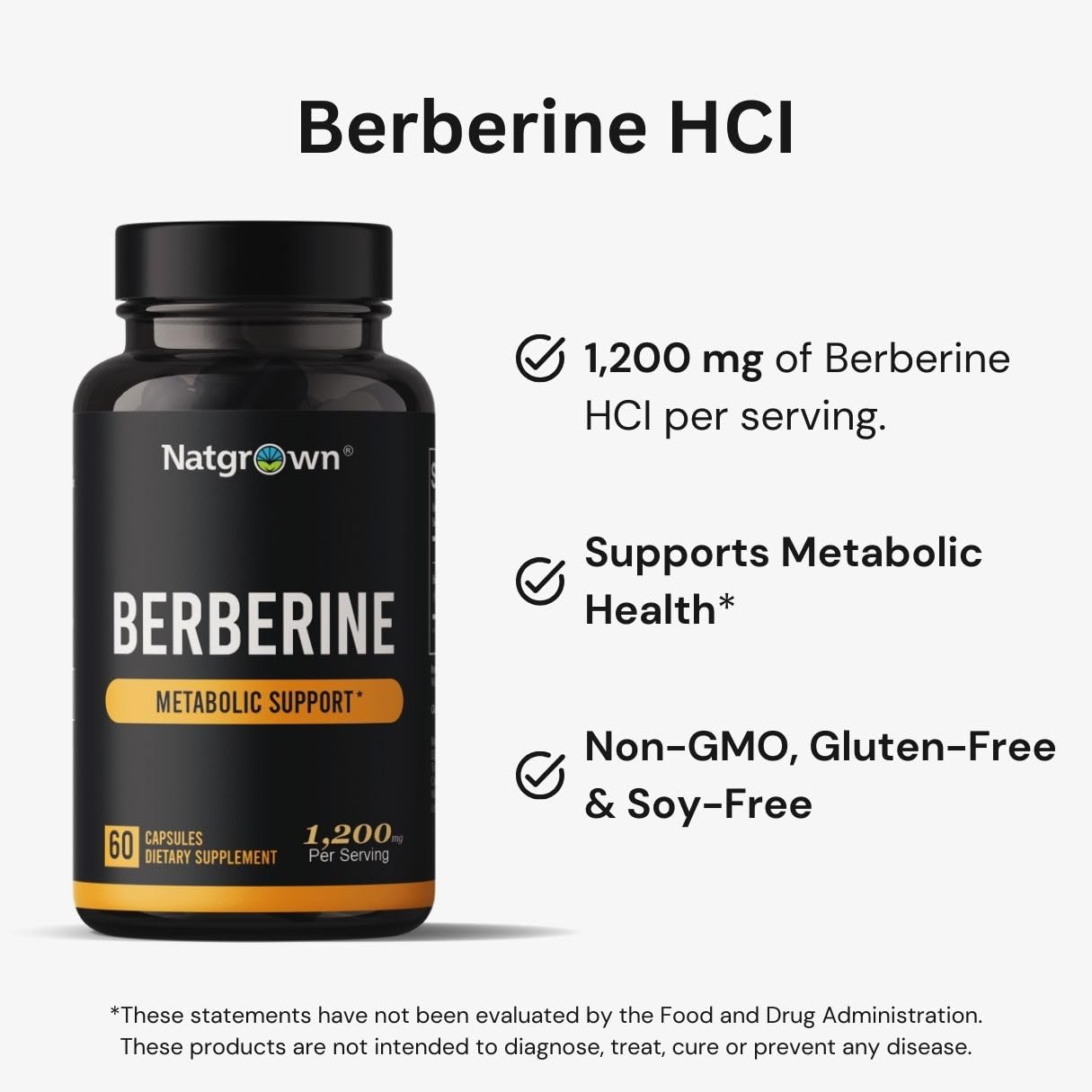 Natgrown Berberine Supplement 1200 mg Berberine HCl Capsules, 60 Count