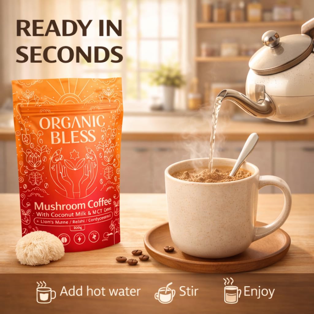 Organic Bless Instant Mushroom Coffee with Lion's Mane, Reishi & Cordyceps – Coconut Milk & MCT Oil – Low Caffeine 31mg – Powder, 7.05 Ounce