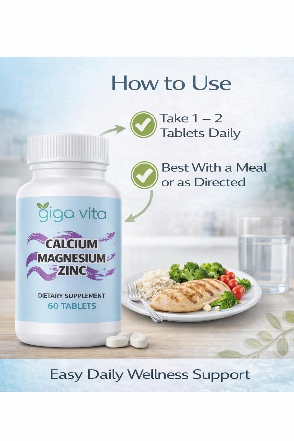 Giga Vita Calcium Magnesium Zinc Dietary Supplement Tablets, 60 Tablets