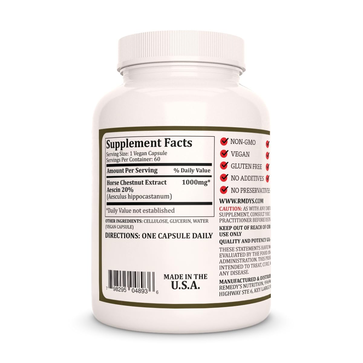 Remedy’s Nutrition Horse Chestnut Extract Aescin 20% - 1,000mg, 60 Vegan Capsules