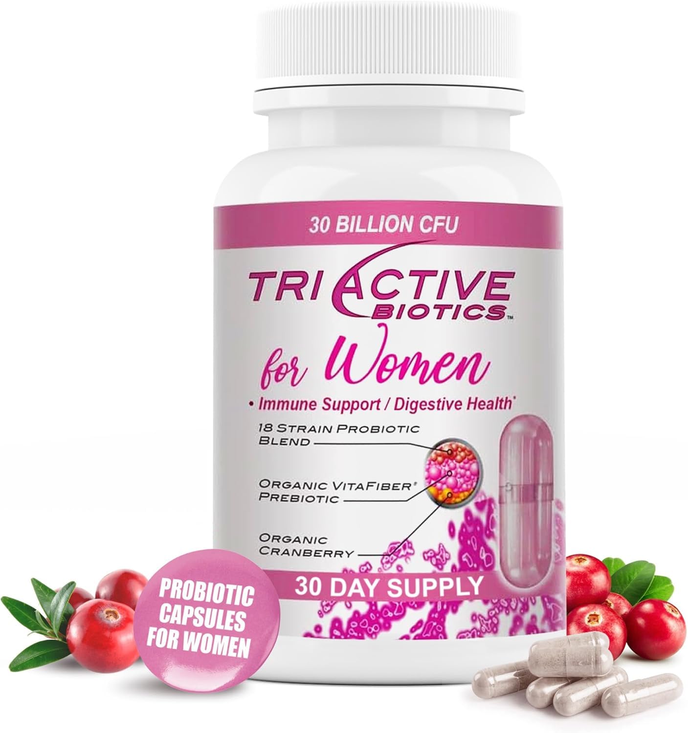 Essential Source Triactive Biotics for Women Probiotics with 18 Strains, Organic VitaFiber Prebiotic & Cranberry, 30 Capsules