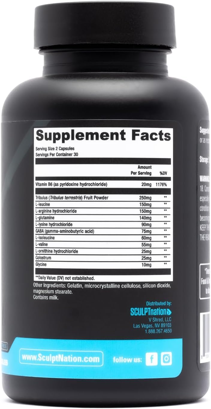 Sculpt Nation L-Arginine, Tribulus Terrestris & Amino Acids for Energy, Performance, and Vitality Support, Lean Body Mass and Recovery Support, 60 Capsules