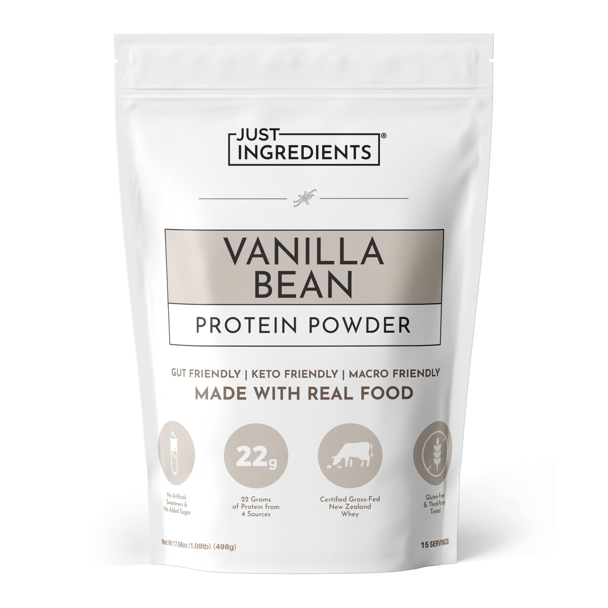 JUST INGREDIENTS Vanilla Protein Powder Grass-Fed Whey, 15 Servings