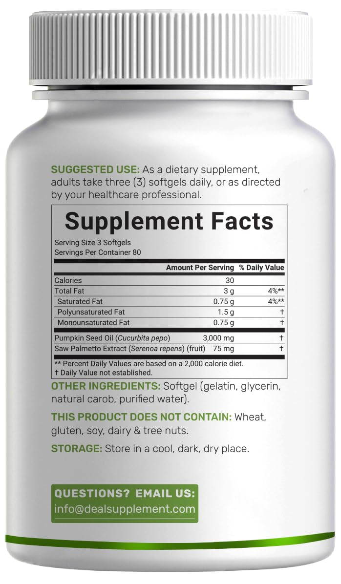 DEAL SUPPLEMENT Pumpkin Seed Oil 3,000mg with Saw Palmetto Softgel, 240 Softgels, Non-GMO