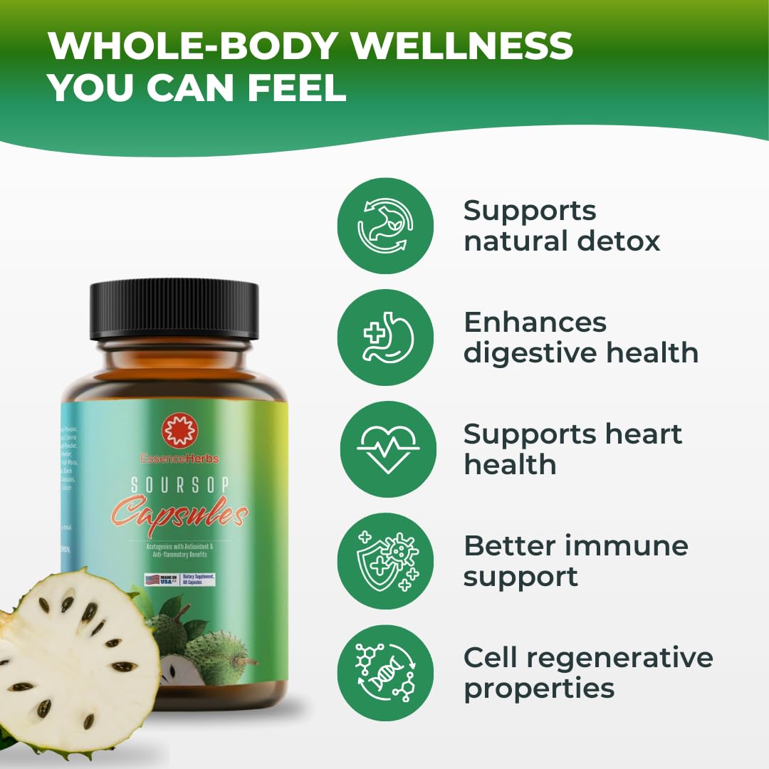 Essence Herbs Soursop Capsules 7000 mg with Black Seed, Irish Moss & Moringa, Gut Health & Daily Cleanse Support, Non-GMO, Vegan, 60 Capsules
