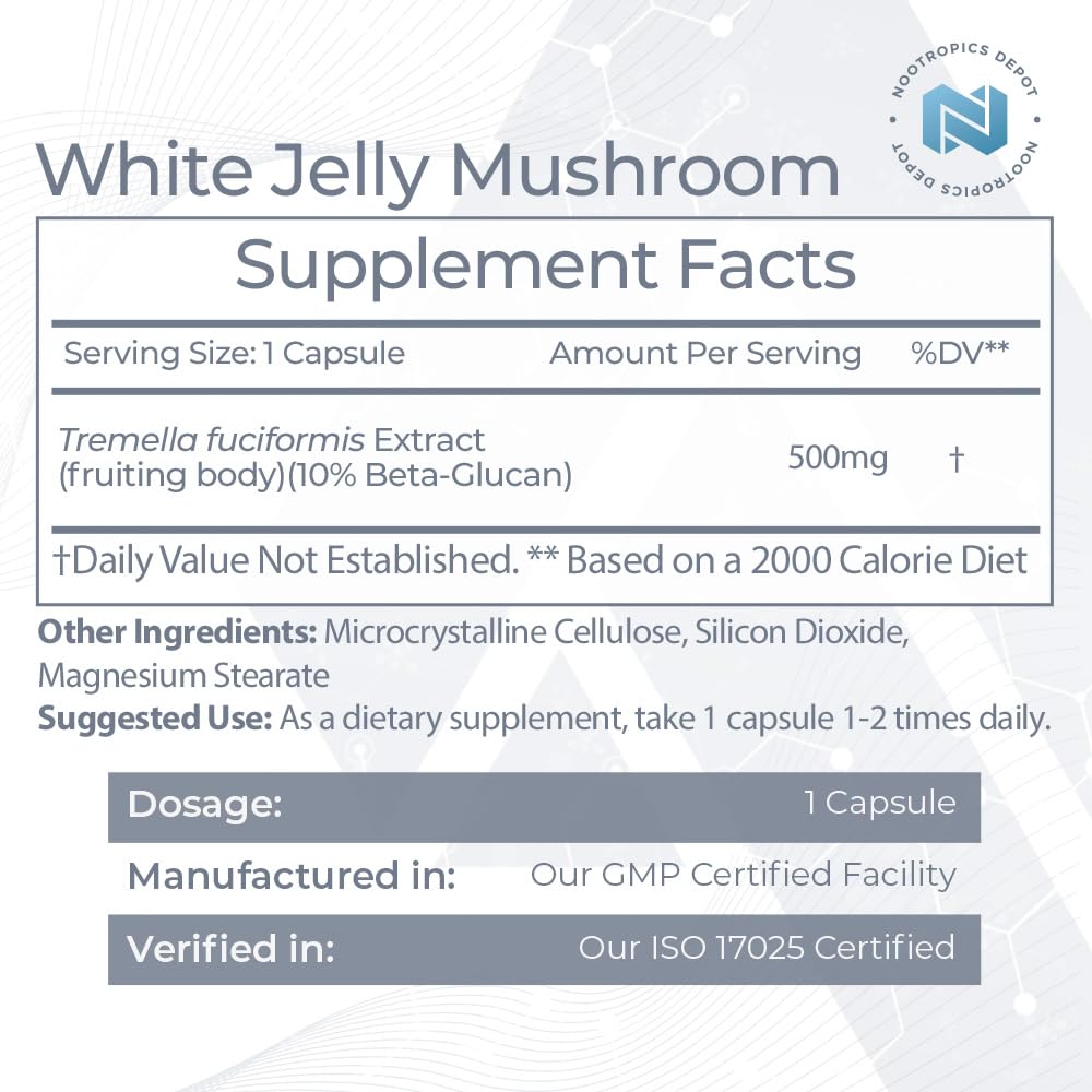 Nootropics Depot White Jelly Mushroom 500mg, 180 Capsules