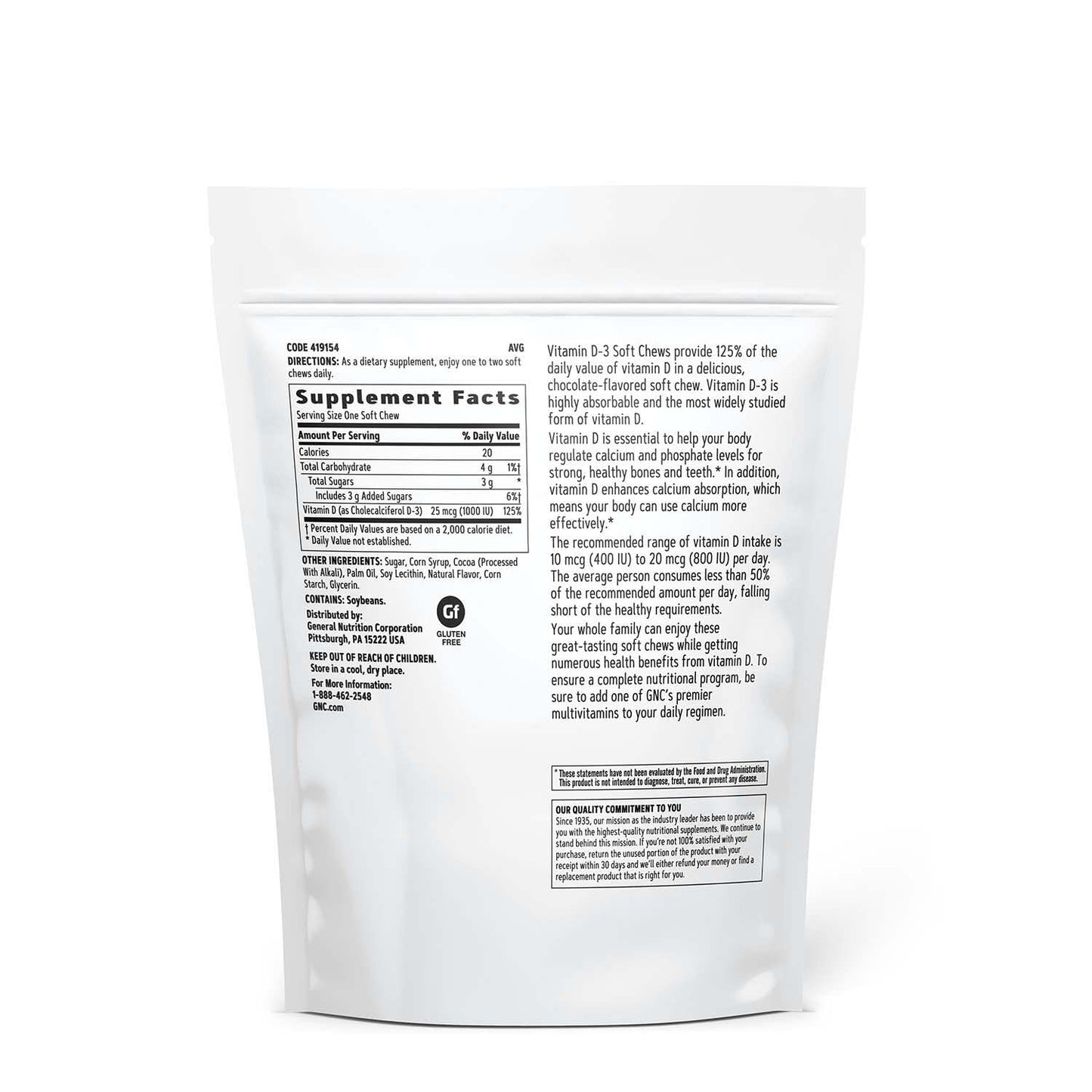 GNC Vitamin D-3 Soft Chews 1000IU Chocolate - 120 Count