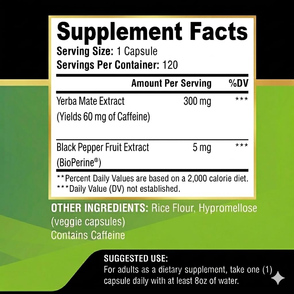 Yerba Mateine Extra Strength Yerba Mate High Potency, 60mg Caffeine Per Capsule, 120 Capsules