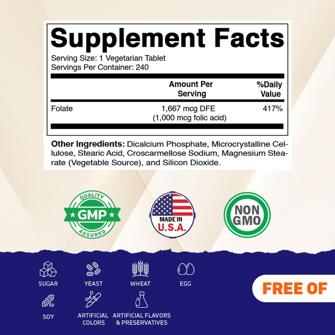 Vitamatic Folic Acid 1000 mcg Tablets, 480 Count