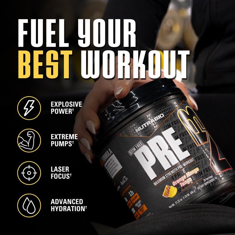 NutraBio STIM-Free PRE Workout for Men Powder, 20 Servings, Orange Mango