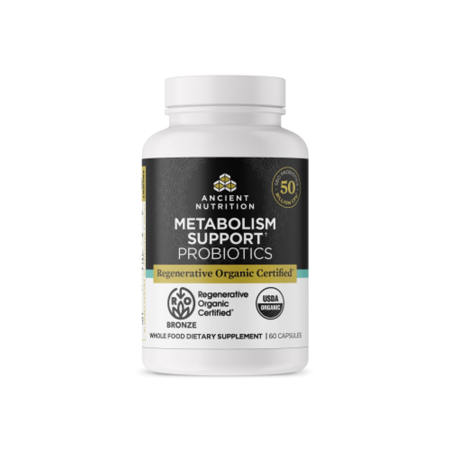 Ancient Nutrition Regenerative Organic Certified Probiotics for Metabolism Support, Healthy Digestion and Immune System Function Support, 50 Billion CFUs per Serving Capsule, 60 Count