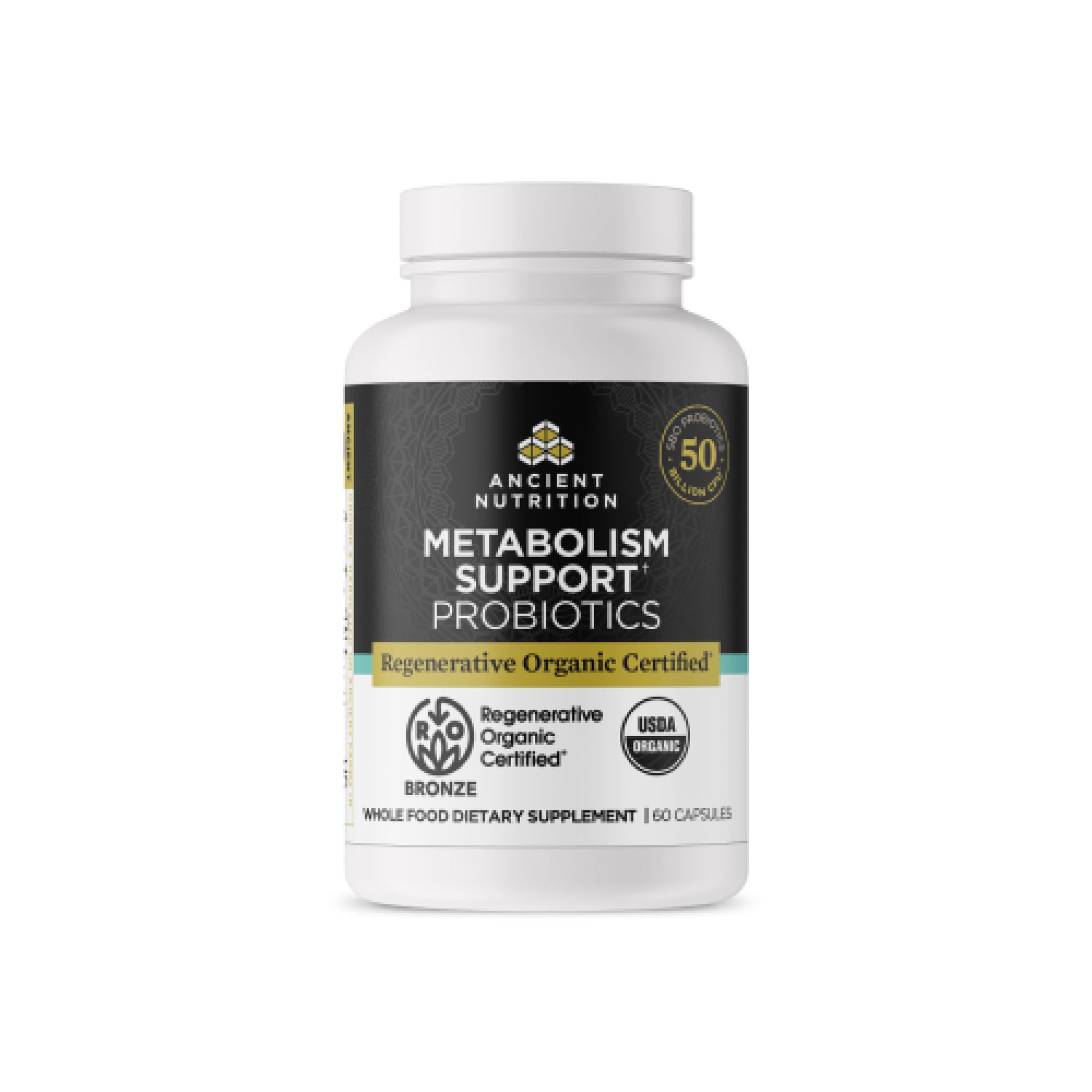 Ancient Nutrition Regenerative Organic Certified Probiotics for Metabolism Support, Healthy Digestion and Immune System Function Support, 50 Billion CFUs per Serving Capsule, 60 Count