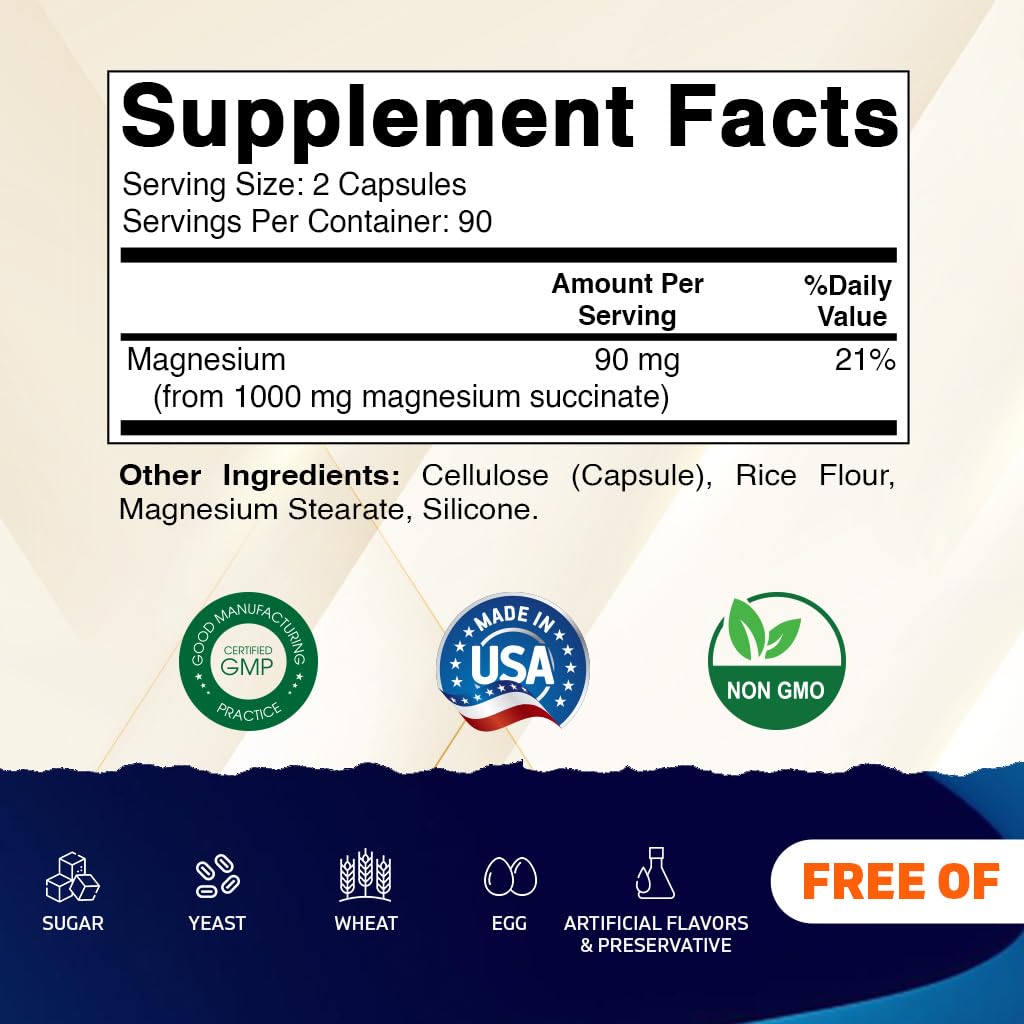 Vitamatic Magnesium Succinate 1000 mg Per Serving (Provides 90 mg Elemental Magnesium) Capsules, 180 Count
