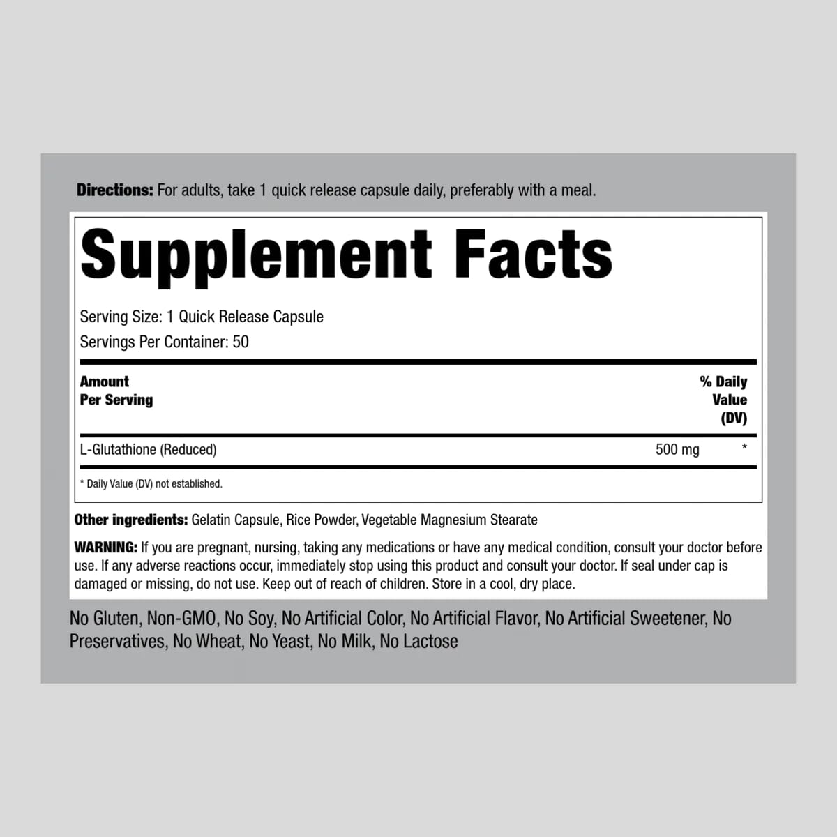 Piping Rock L-Glutathione 500 mg Capsules, 50 Capsules