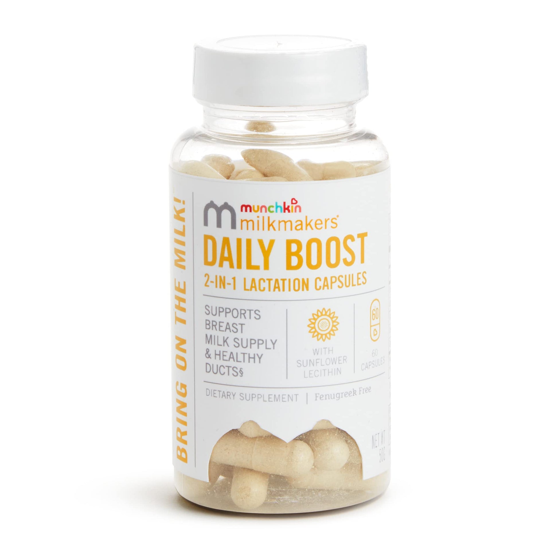 Munchkin Milkmakers Daily Boost 2-in-1 Lactation Supplements for Breastfeeding, Nursing & Pumping Moms - Fenugreek Free, 60 Capsules