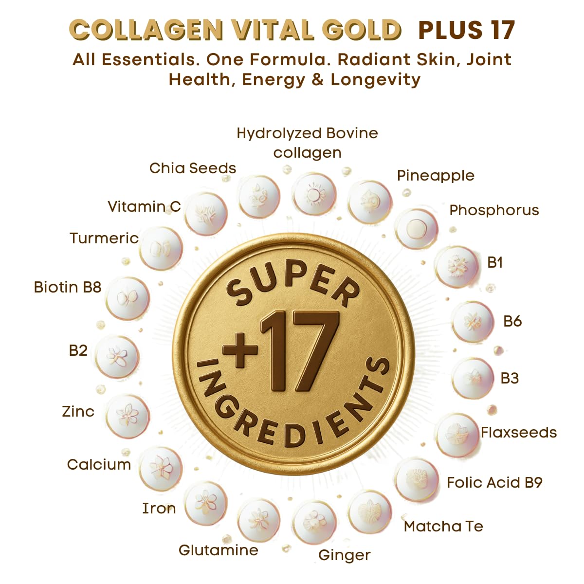 Gold Vital Life Collagen Peptides Powder - Hydrolyzed Collagen with +17 Super Ingredients, 1 lb Cocoa Flavor, Supplement for Healthy Hair, Skin, Nails, Bones, Joints, Collagen for Women & Men, 16 Servings