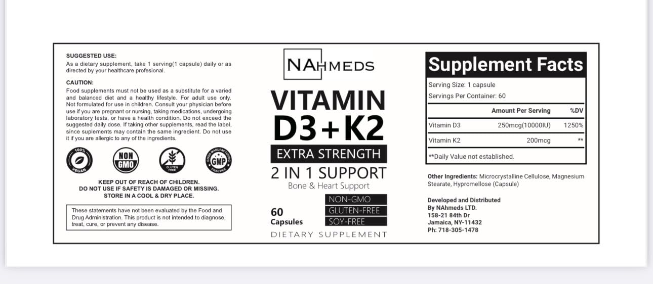 NAhmeds Vitamin D3 + K2 Extra Strength Capsules, 60 Capsules