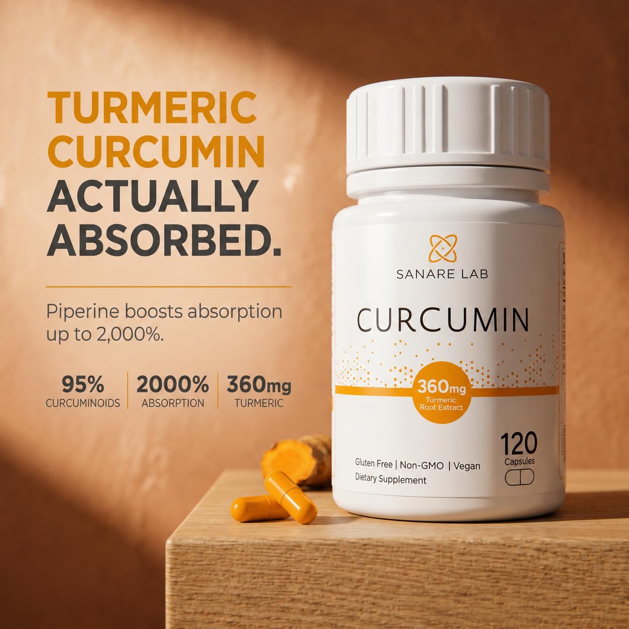 Sanare Lab Curcumin Turmeric 360 mg per Serving, Capsules, 120 Count with Black Pepper & Phytosome Extract, Joint & Cellular Support