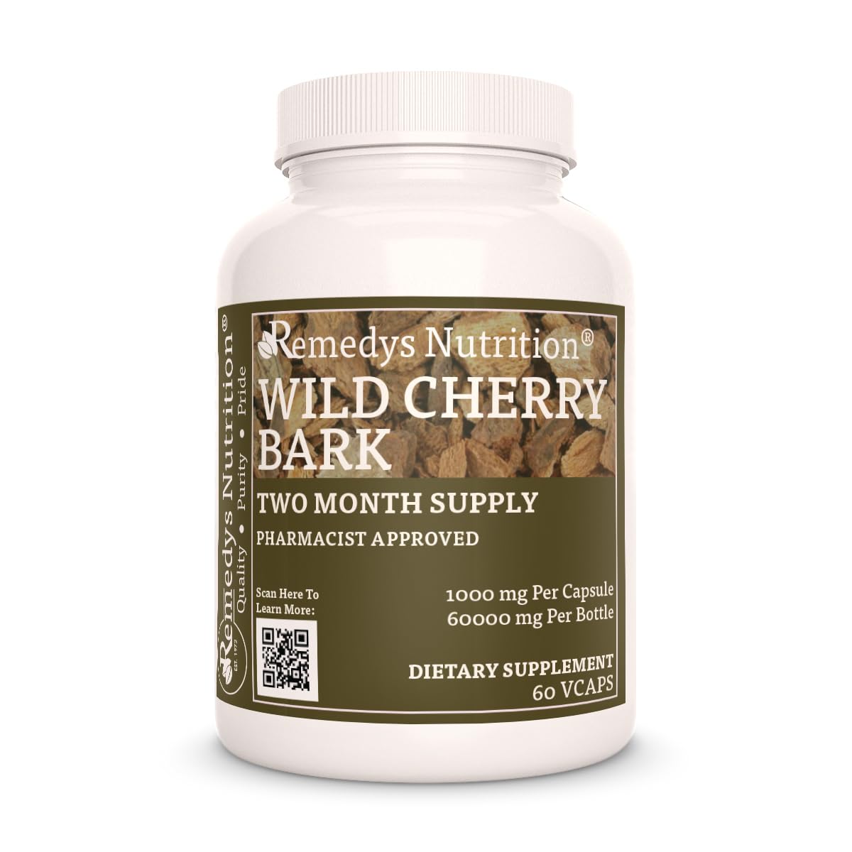 Remedy’s Nutrition Wild Cherry Bark 1000 mg Vegan Capsules, 60 Count