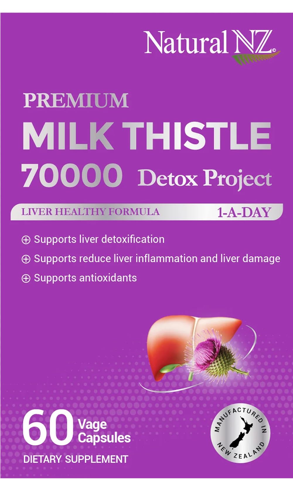 Natural NZ Milk Thistle 70000 1-A-Day Vege Capsules, 60 Capsules