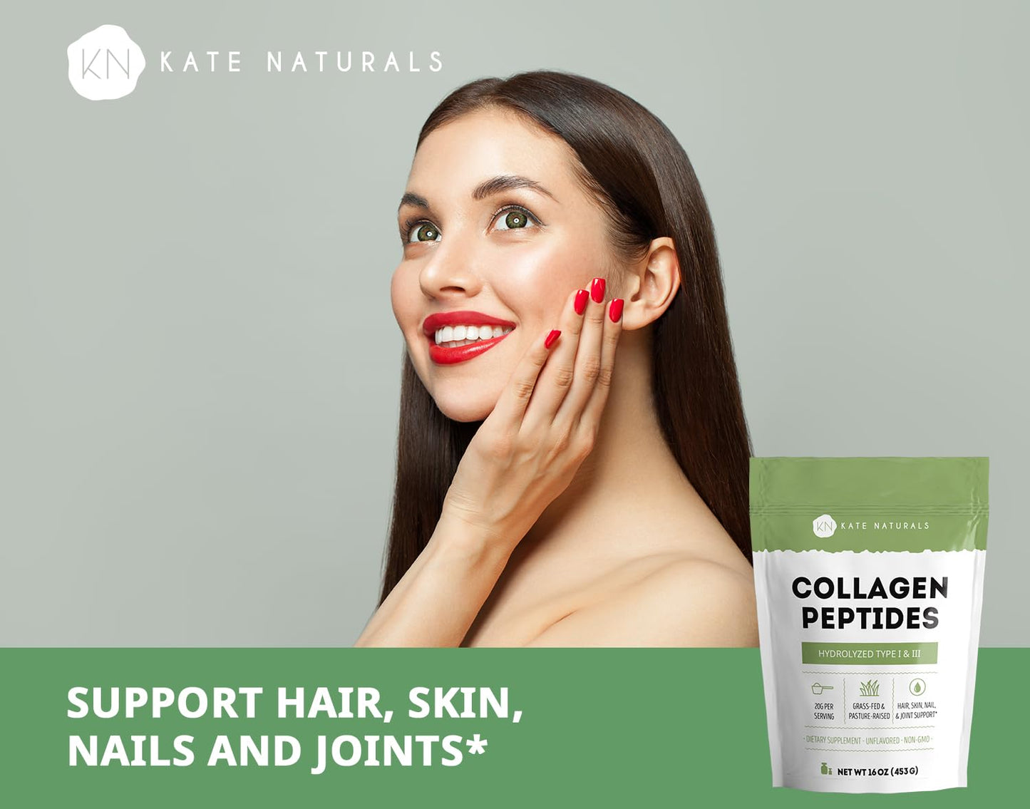 Kate Naturals Collagen Peptides Powder for Hair, Skin, Nails, & Joints, 16 oz