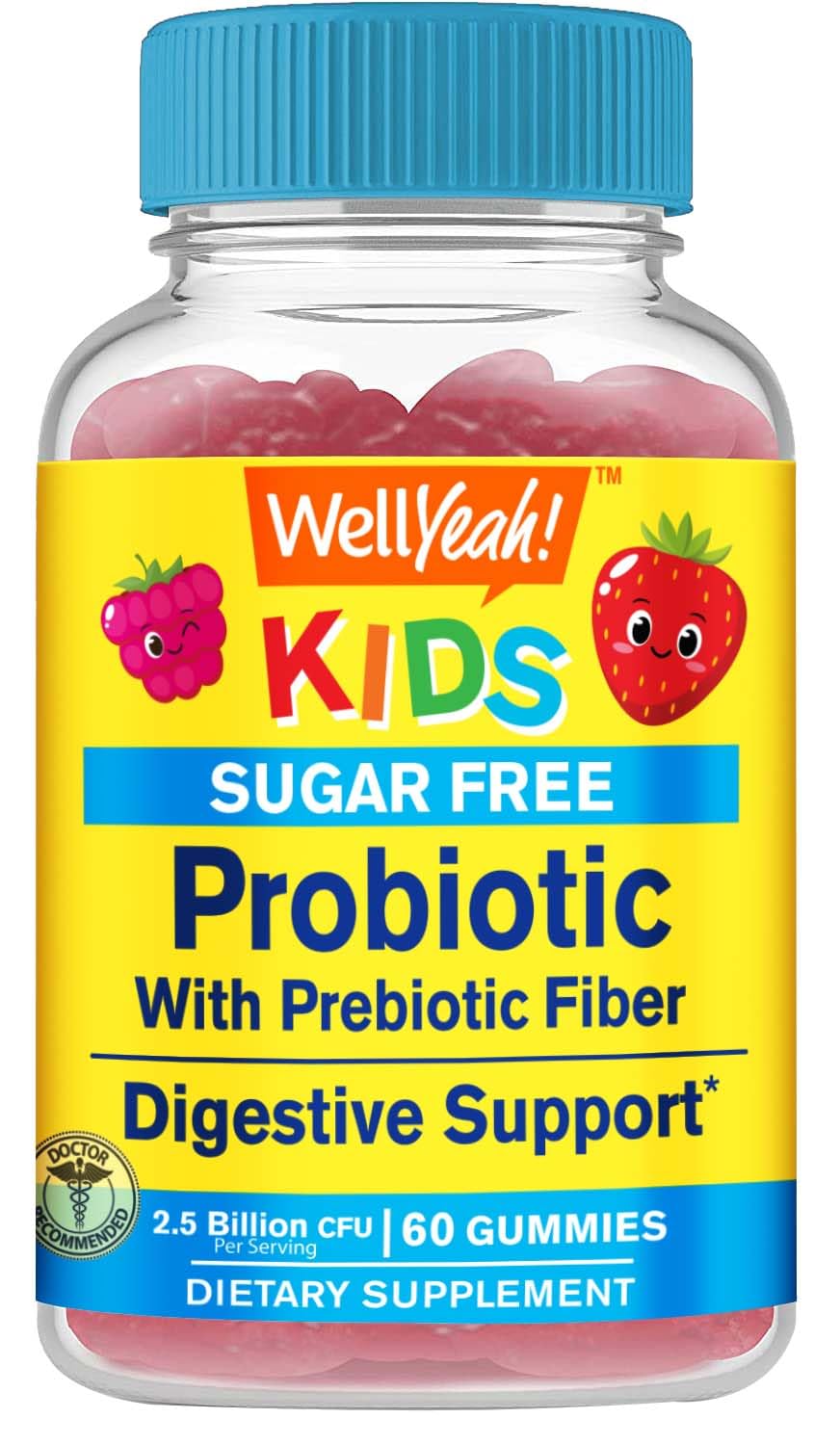 WellYeah Kids Probiotic Gummies with Prebiotic Fiber Sugar Free - Probiotics for Digestive Health, 60 Count
