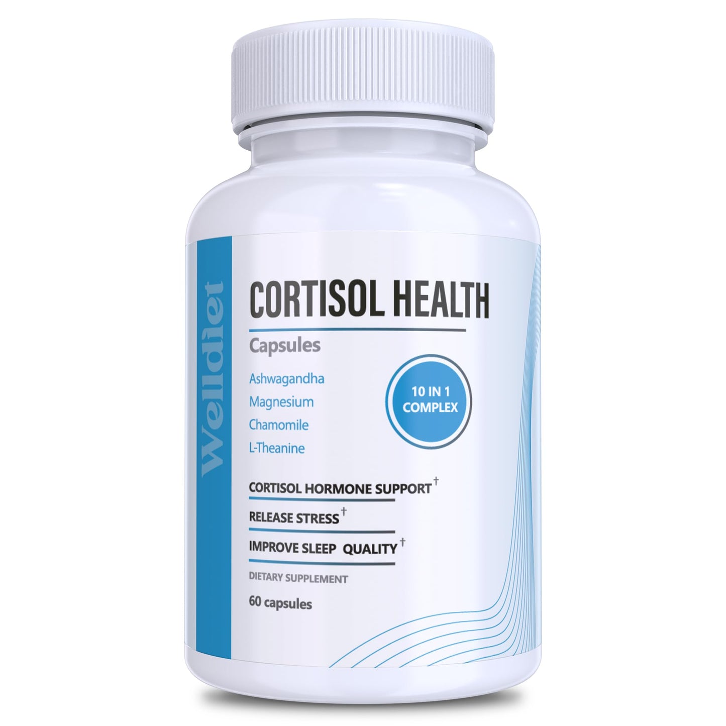 Welldiet 10-in-1 Cortisol Supplements with Magnesium, Ashwagandha, Chamomile, L-Theanine, St. John's Wort, Rhodiola Capsules, 60 Capsules