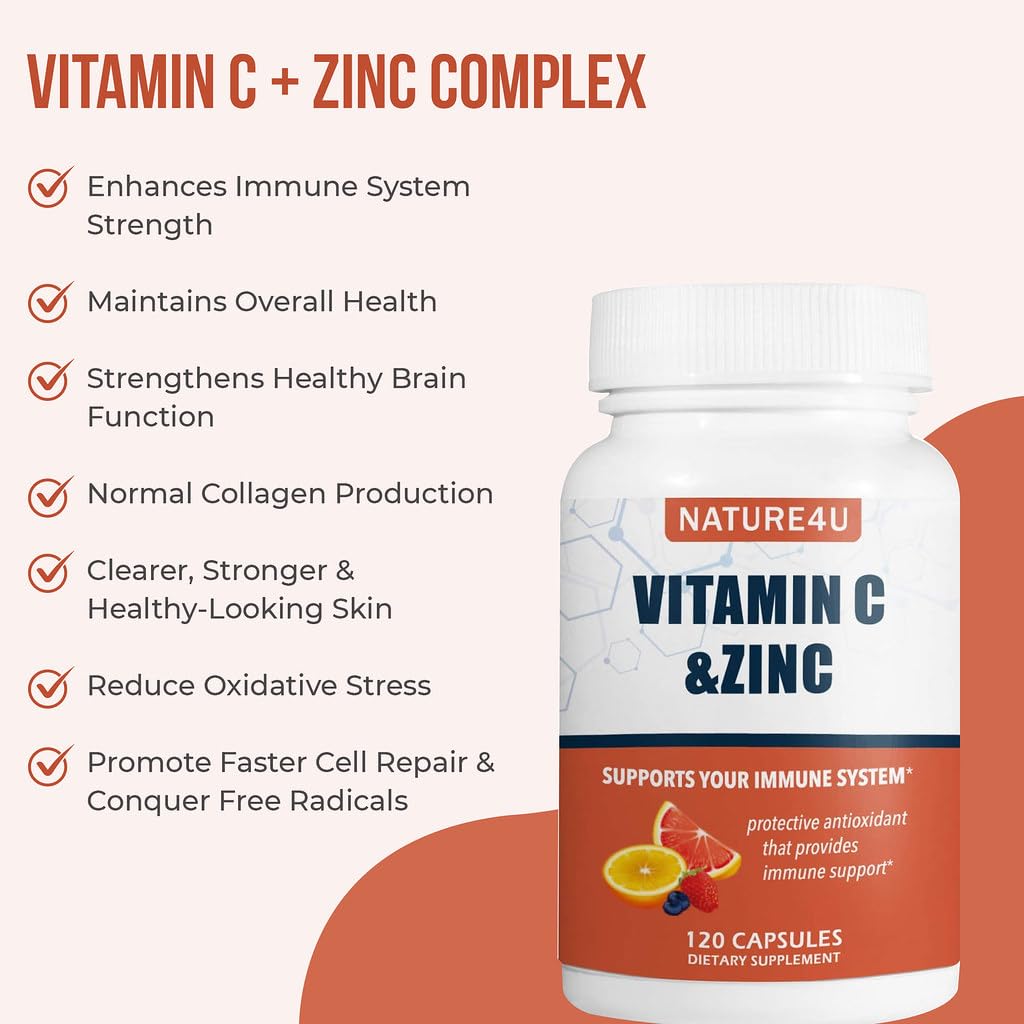 Nature4U Vitamin C 1000mg with Zinc, Rose Hips and Citrus Bioflavonoids Capsules, 120