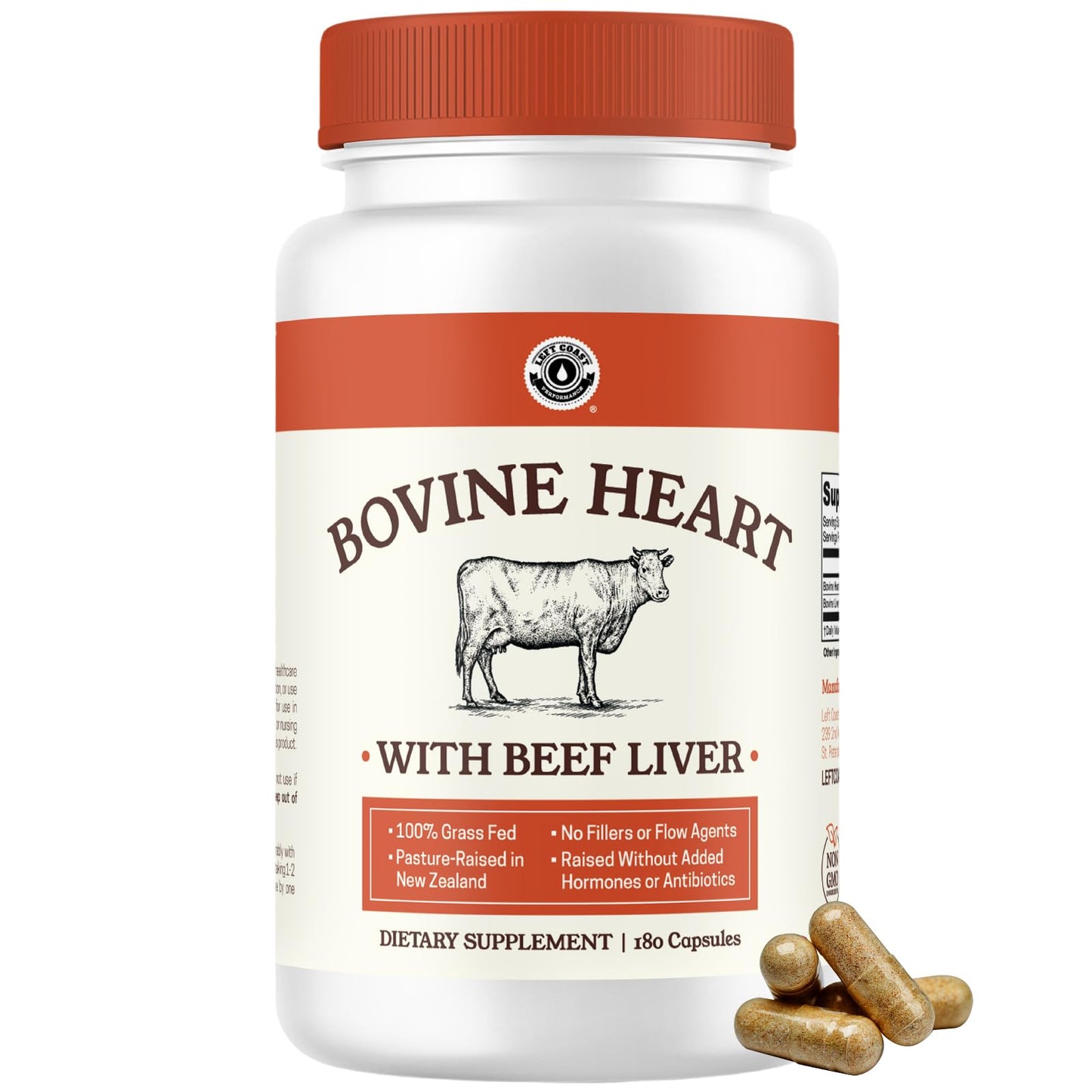 Left Coast Performance Grass Fed Beef Heart and Liver Supplement Capsules, 180 Capsules