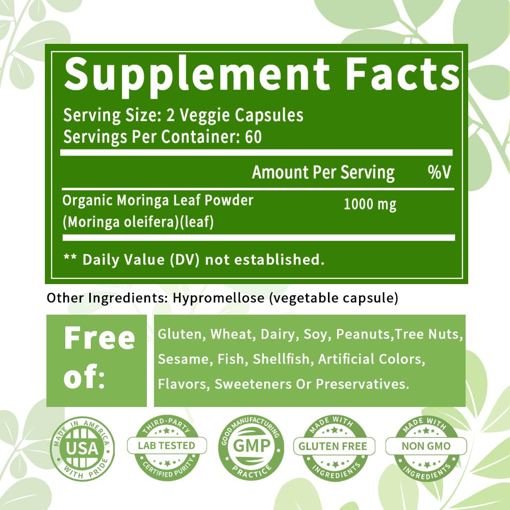 TWOHHACC Pure Moringa Powder Capsules 120 Count