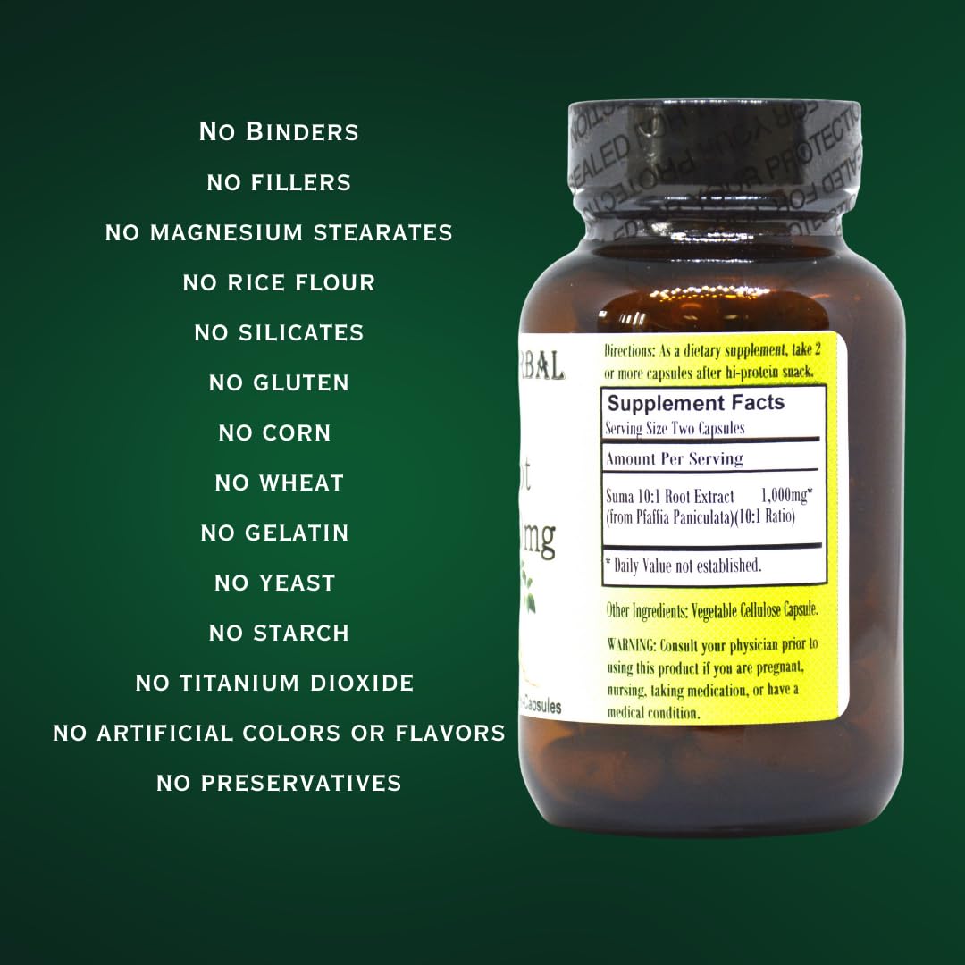 Barlowe's Herbal Elixirs Suma Root Extract Supplement Pfaffia Paniculata 10:1 Concentrated Extract 500mg Per Capsule, 60 Capsules