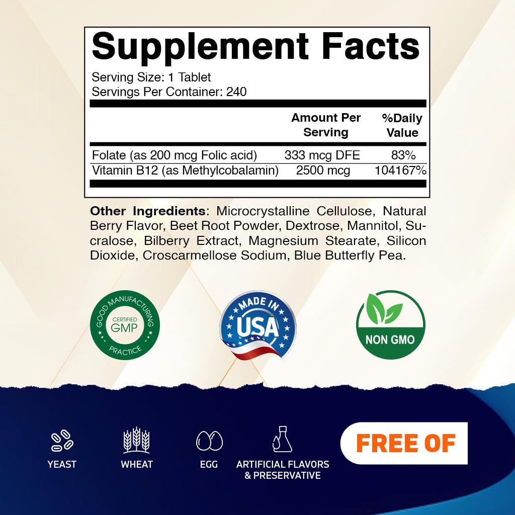 Vitamatic Methyl B12 2500 mcg with Folic Acid – Fast Dissolve Tablets, 240 Count