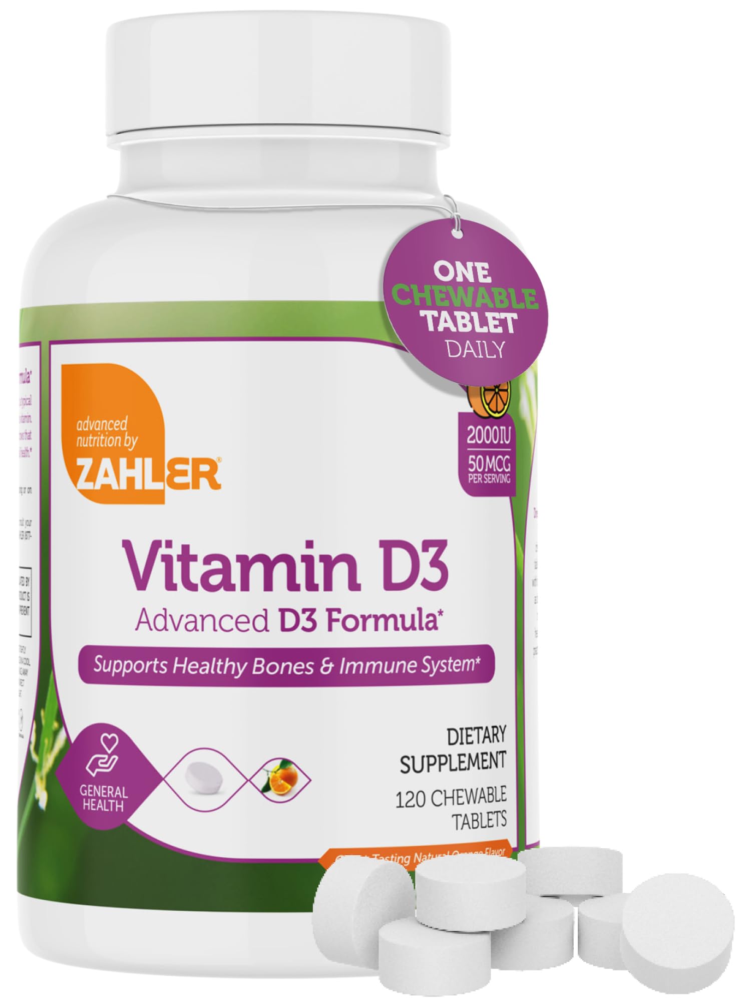 Zahler Vitamin D3 Chewable 2000IU Tablet, 120 Tablets
