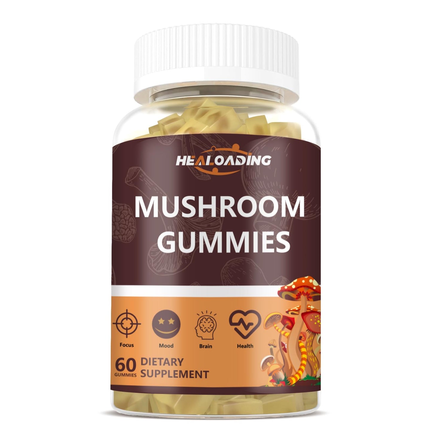 HEALOADING Mushroom Gummies with 10 Functional Mushrooms (Lion's Mane, Reishi, Chaga, Cordyceps & More) for Focus & Energy - Vegan, Non-GMO, 60 Gummies