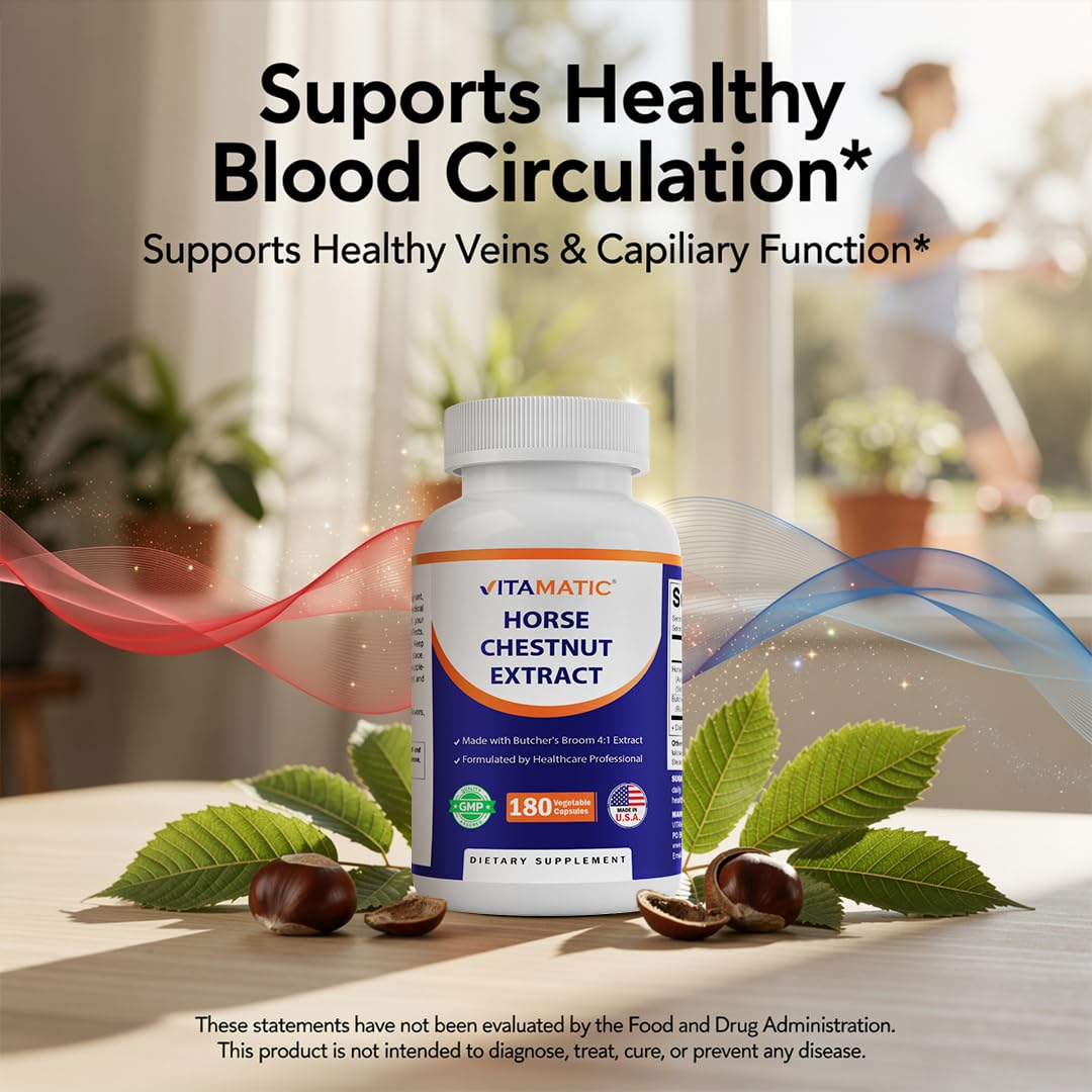 Vitamatic Horse Chestnut Extract 700 mg (Standardized 20% Aescin) with Butcher’s Broom 4:1 Extract 300 mg, 180 Capsules