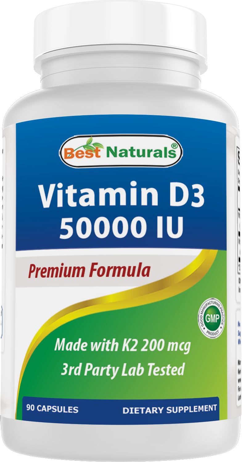 Best Naturals Vitamin D3 50,000 IU with MK-7 K2 200 mcg Capsules, 90 Count