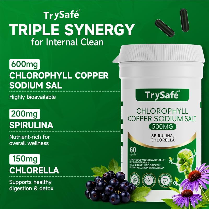 TrySafe Natural Chlorophyll Capsules with Copper Sodium Salt, Spirulina & Chlorella, Detox & Digestion Support, 60 Capsules