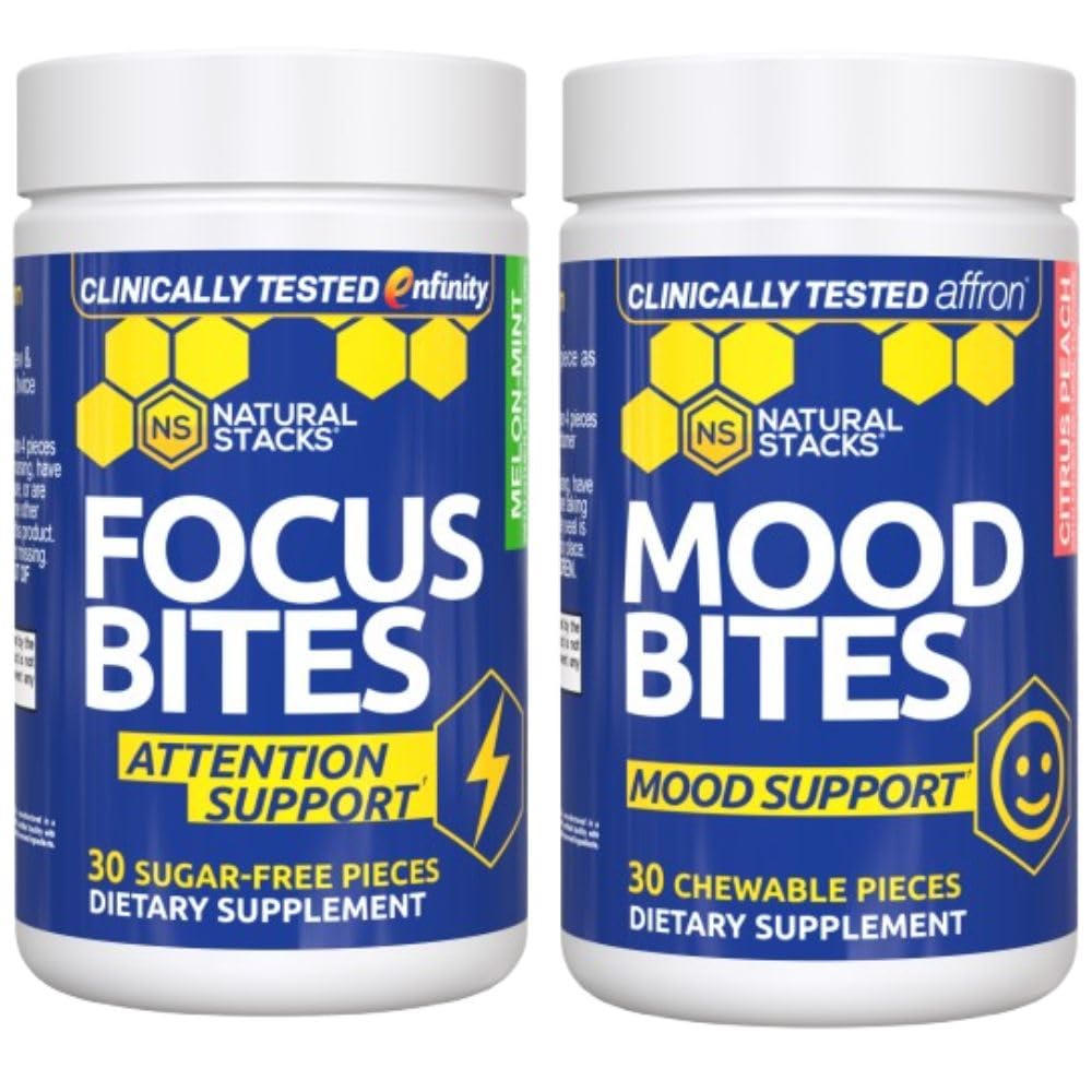Natural Stacks Focus Bites & Mood Bites Bundle - Paraxanthine & Saffron Supplements - Supports Focus, Attention & Mood - 60 Chewables