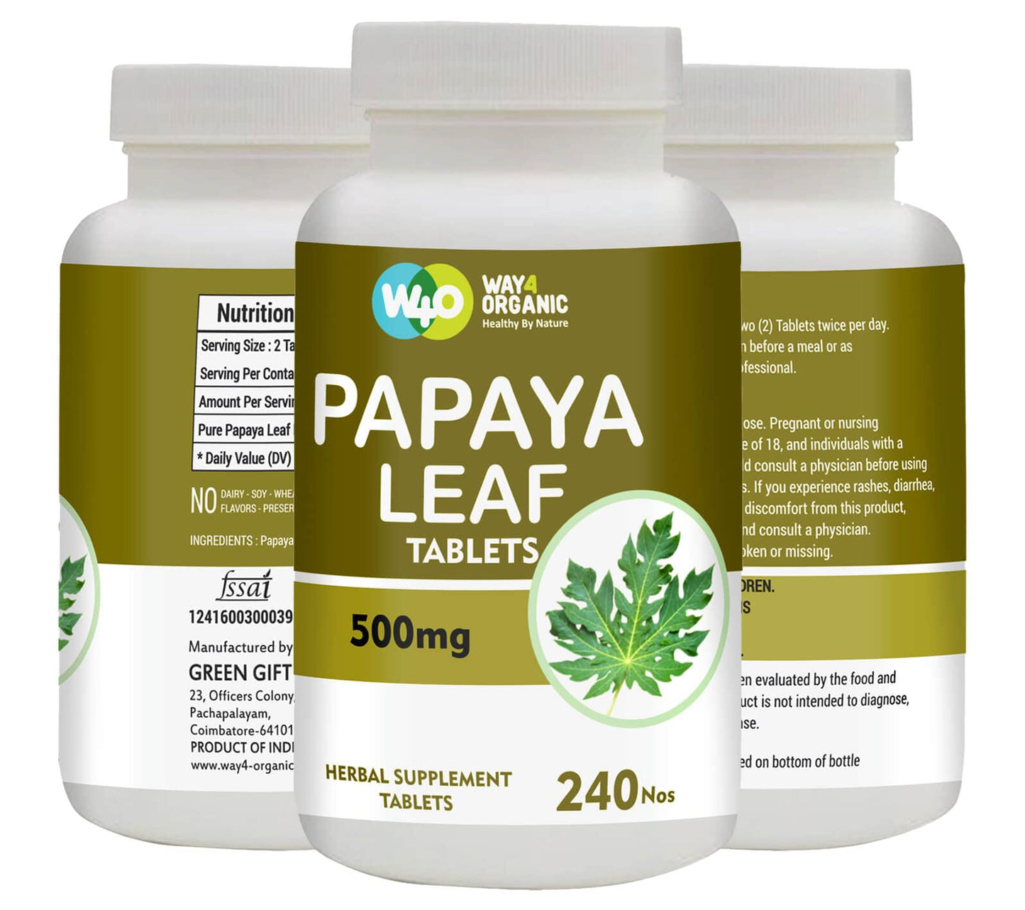 WAY 4 ORGANIC W4O Papaya Leaf Extract 500 mg, 240 Tablets