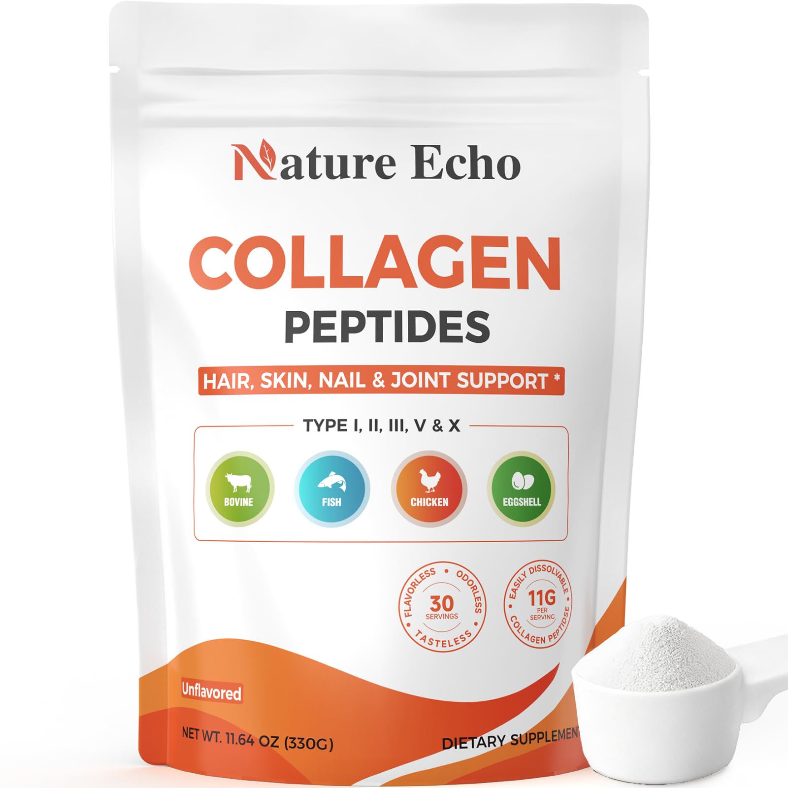 Nature Echo Collagen Peptides Powder Hydrolyzed Types I II III V X Unflavored 11.64 Ounce, 30 Servings